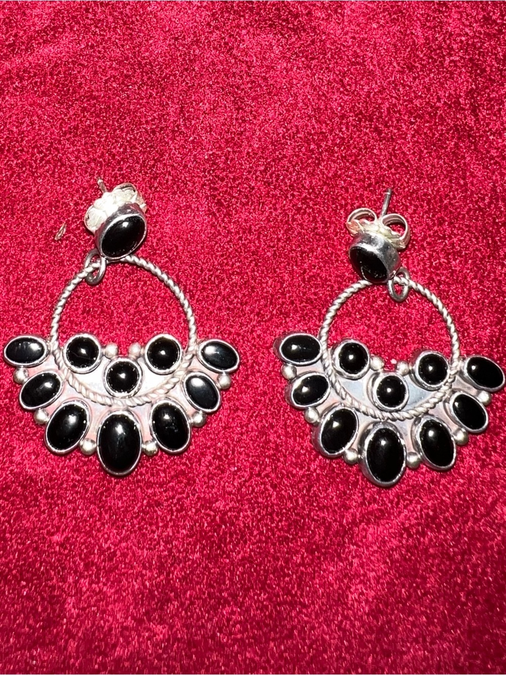 Sterling Silver Black Stone Hoop Drop Earrings - Women Jewelry